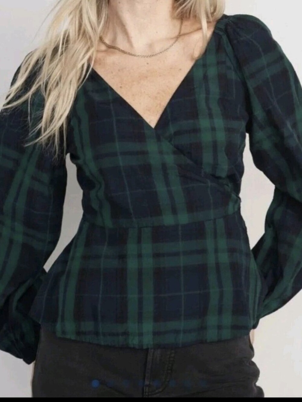 Old Navy Plaid Smocked Seersucker Wrap Blouse Puff Sleeve Tartan Top Large